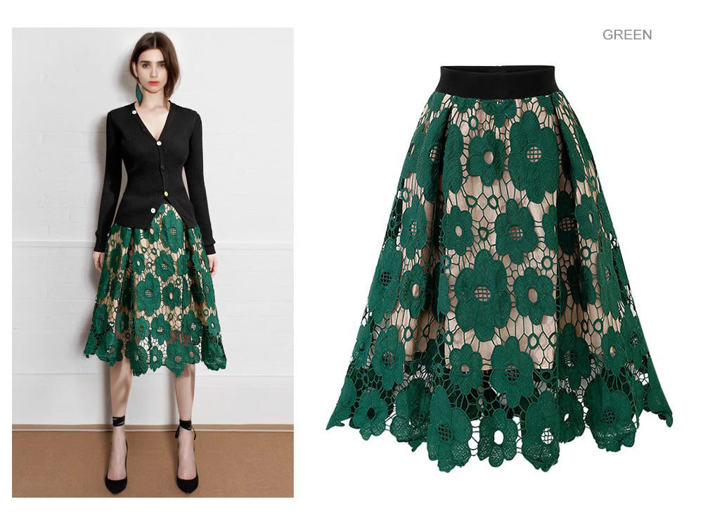 Flared Midi Skirt with Floral Lace Appliqué and Scalloped Hem