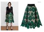 Flared Midi Skirt with Floral Lace Appliqué and Scalloped Hem