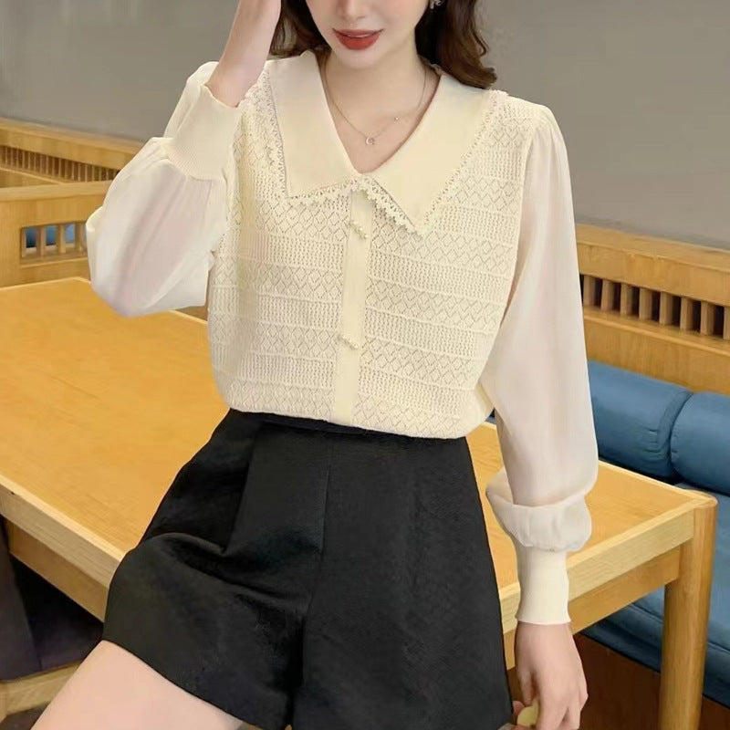 Blouse with Lace Collar and Decorative Buttons