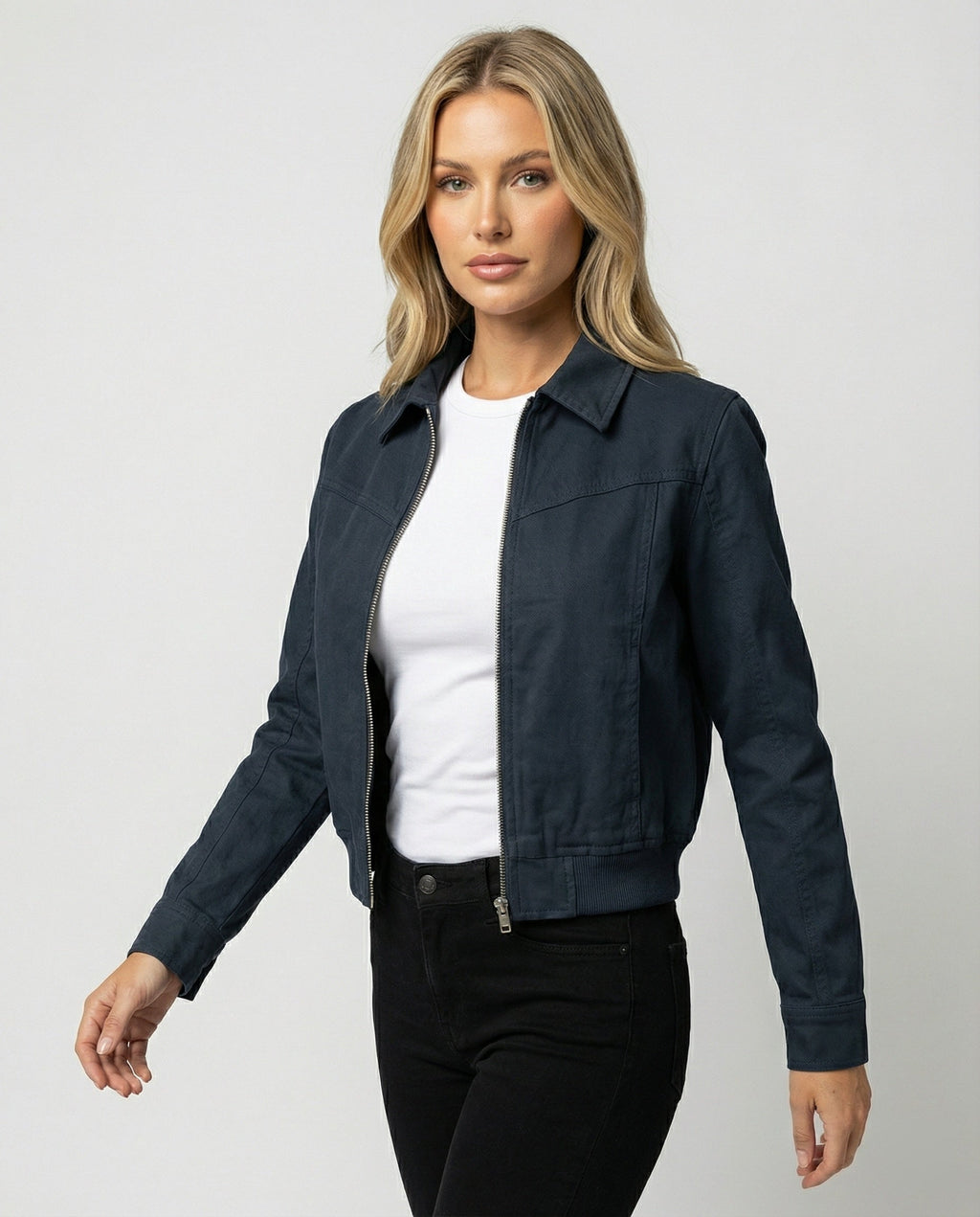 American Retro Cropped Jacket with Zipper and Lapel Collar