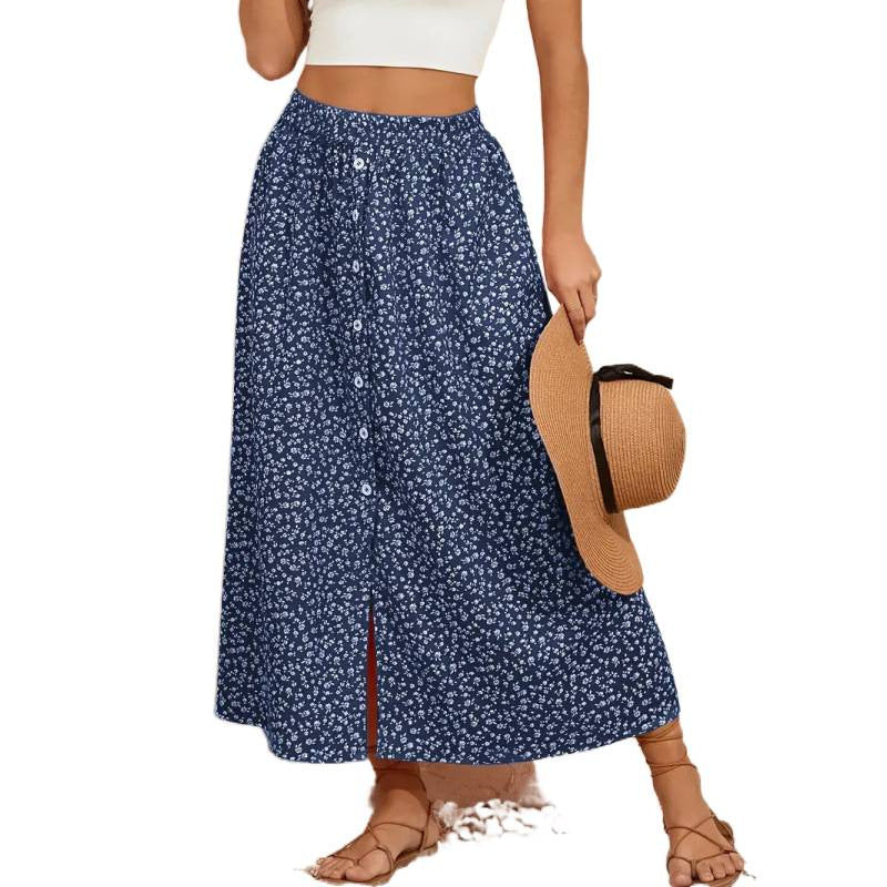Women's Maxi Skirt with Floral Design and Button Details