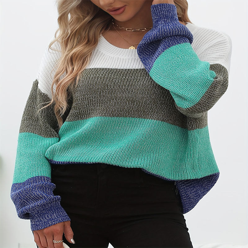 Women's Casual Sweater with Trendy Block Stripe Pattern