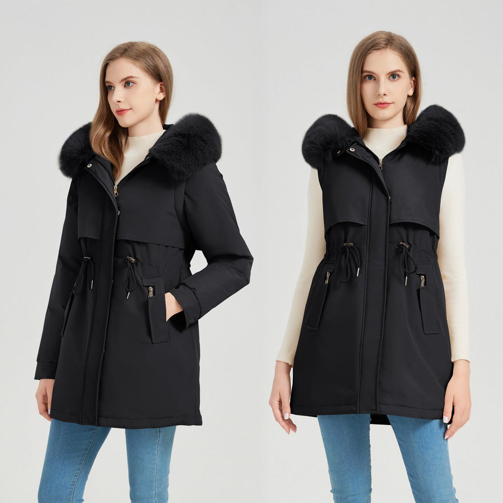Women's Functional Parka with Detachable Faux Fur Collar and Waist Drawstring
