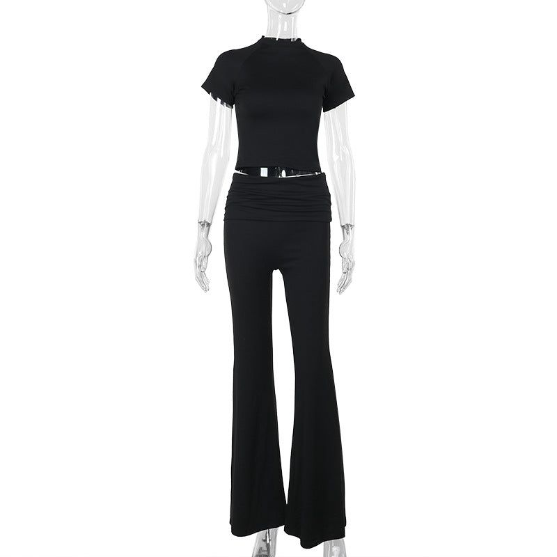 Women's Casual Co-ord Set with High-Waisted Trousers and Crop Top