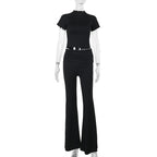 Women's Casual Co-ord Set with High-Waisted Trousers and Crop Top
