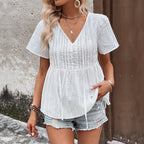 Women's Blouse with Elastic Waist and Fine Embroidery