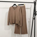 Women's Casual Knit Loungewear Set with Deep V-Neck and Pockets