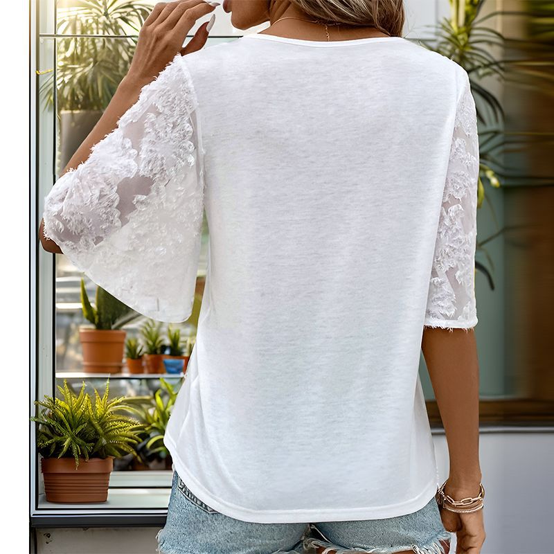 Women's Elegant V-Neck Blouse Shirt with Floral Lace Sleeves