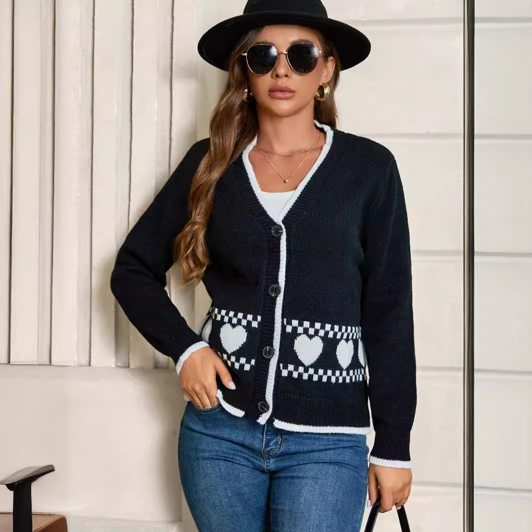 Women's Cardigan with Heart Pattern and Contrasting Details