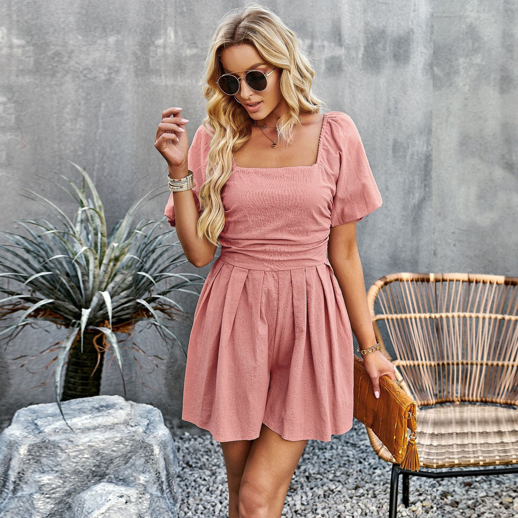 Women's Airy Jumpsuit with Square Neck and Puff Sleeves