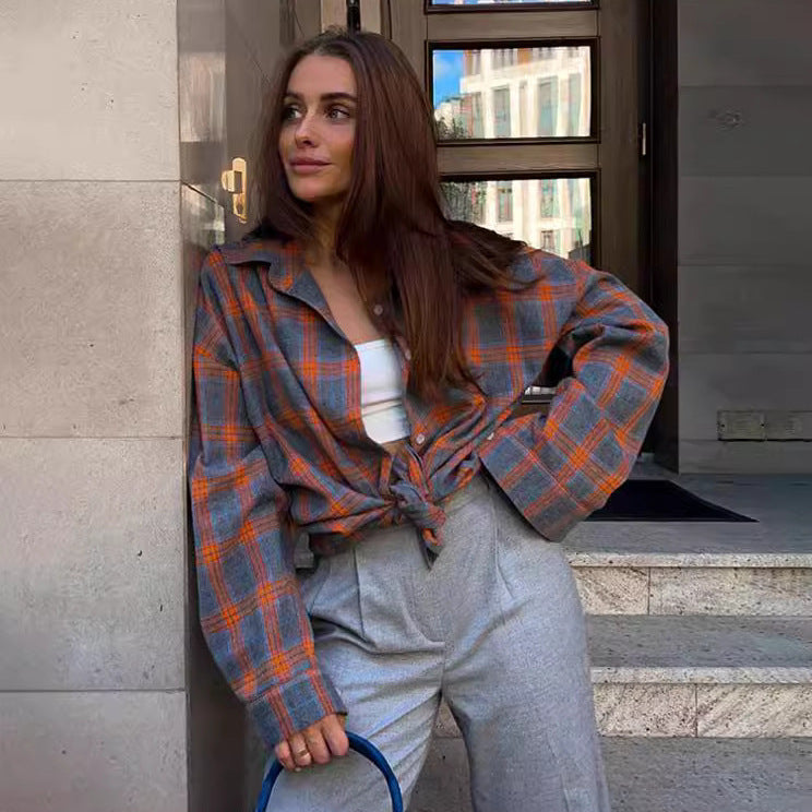 Women's Cozy Plaid Shirt with High Collar and Button Closure