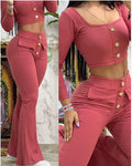 Women's Cropped Top and Flared Pants Set with Button Details
