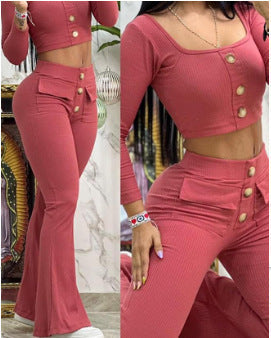 Women's Cropped Top and Flared Pants Set with Button Details