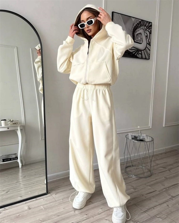 Women's Hooded Jacket and Wide Jogging Trousers Set with Contrast Stitching