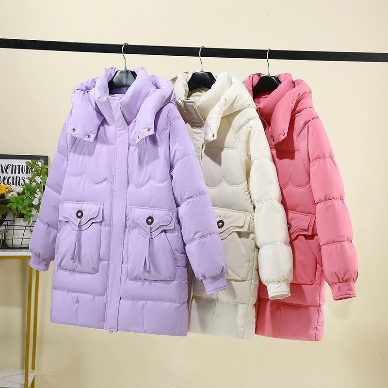 Women's Long Puffer Jacket with Practical Hooded Collar and Large Pockets