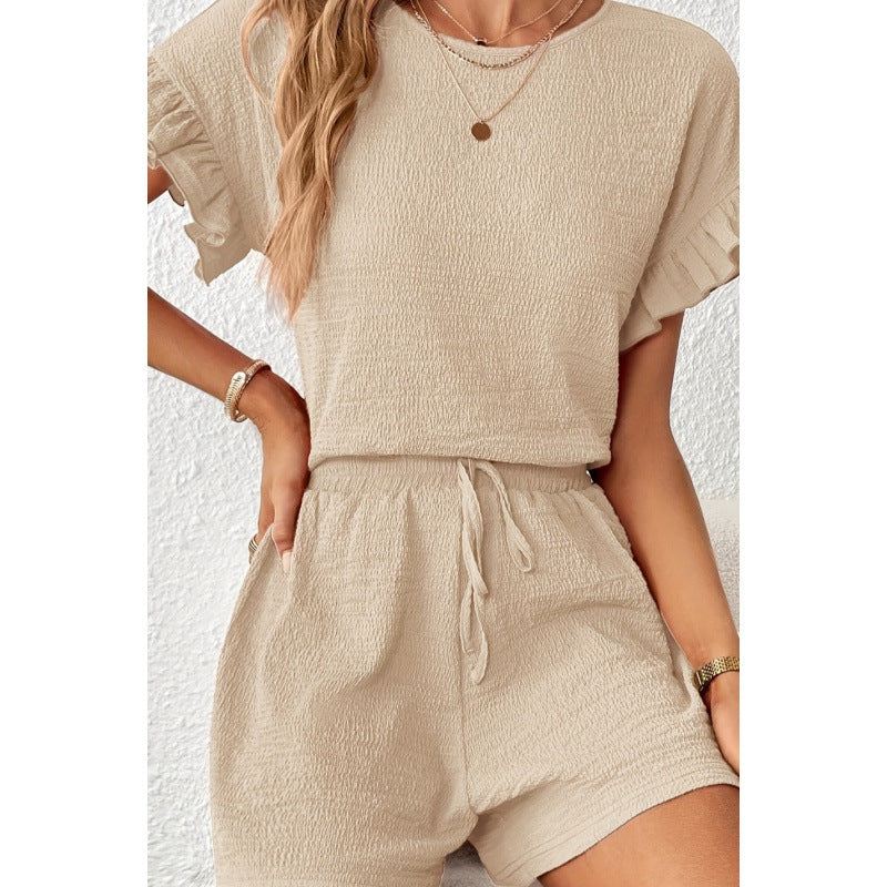 Women's Short-Sleeve Overall with Ruffle Details and Tie Belt