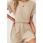 Women's Short-Sleeve Overall with Ruffle Details and Tie Belt