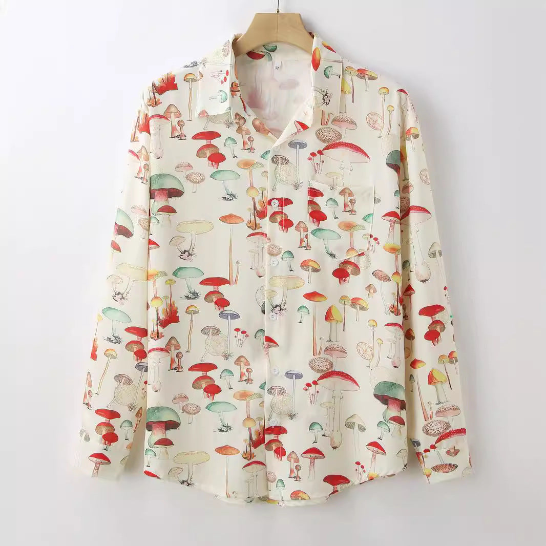 Women's Long-Sleeve Shirt with Mushroom Pattern