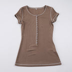 Women's Form-Fitting Short Sleeve Shirt with Button Placket and Ribbed Texture
