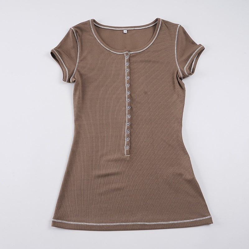 Women's Form-Fitting Short Sleeve Shirt with Button Placket and Ribbed Texture
