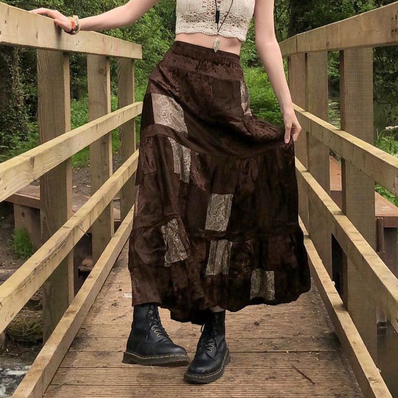 Women's Floral Patchwork Maxi Skirt with Voluminous Hem