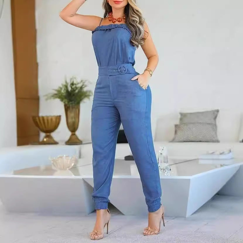 Women's Casual Jumpsuit with Ruffle Details and Adjustable Waist Belt