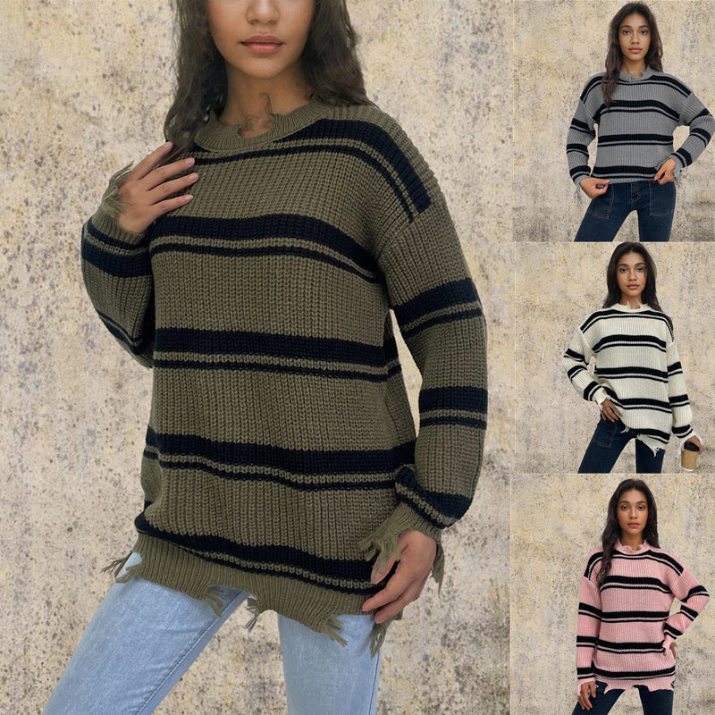 Women's Chunky Knit Oversized Sweater with Fringe and Stripes