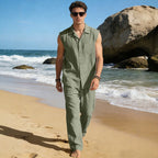 Men's sleeveless linen leisure set with lapel collar, chest pocket, and straight pants