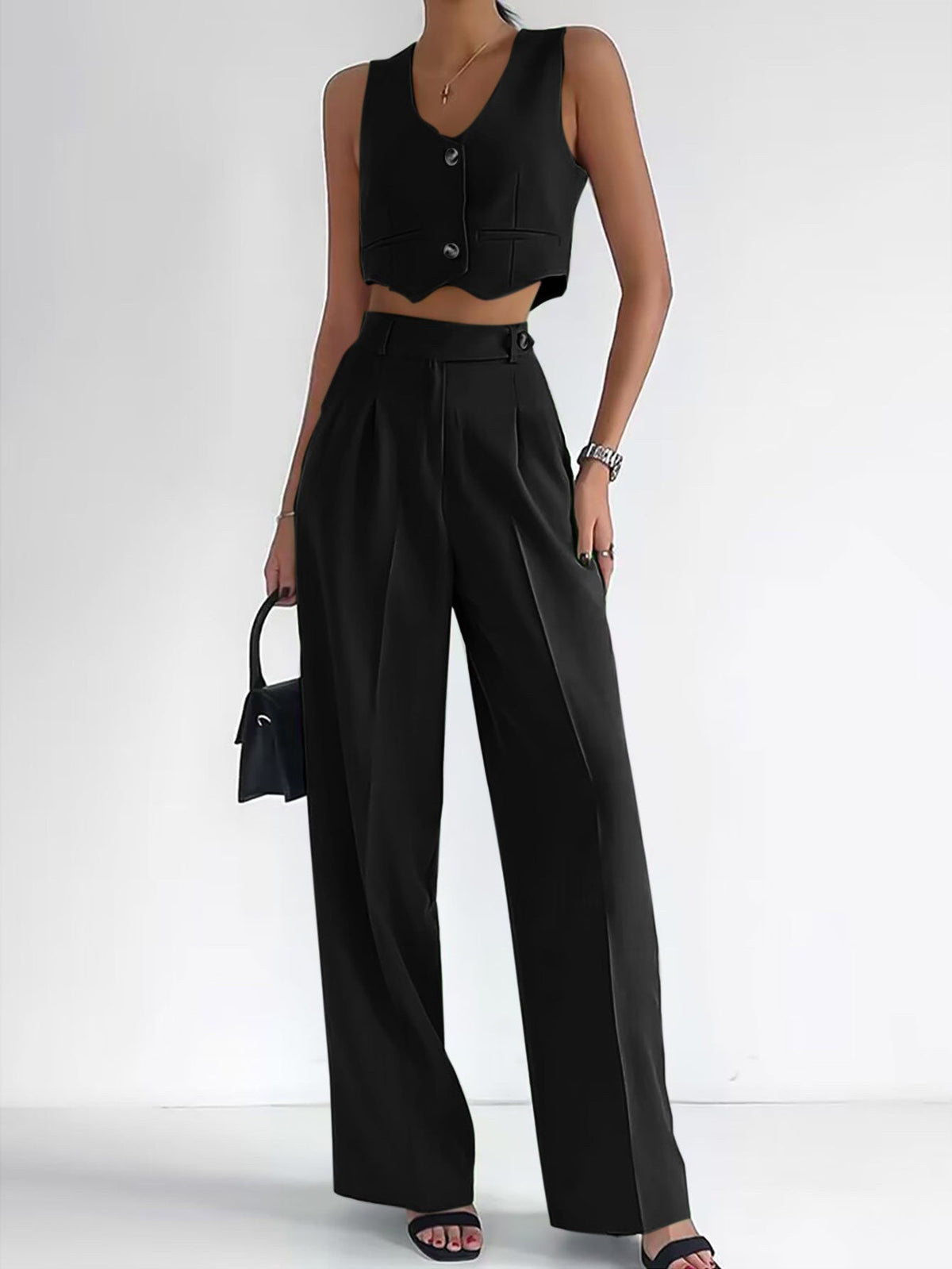 Women's Fashionable Two-Piece Set with Sleeveless Cropped Top and Wide-Leg Trousers