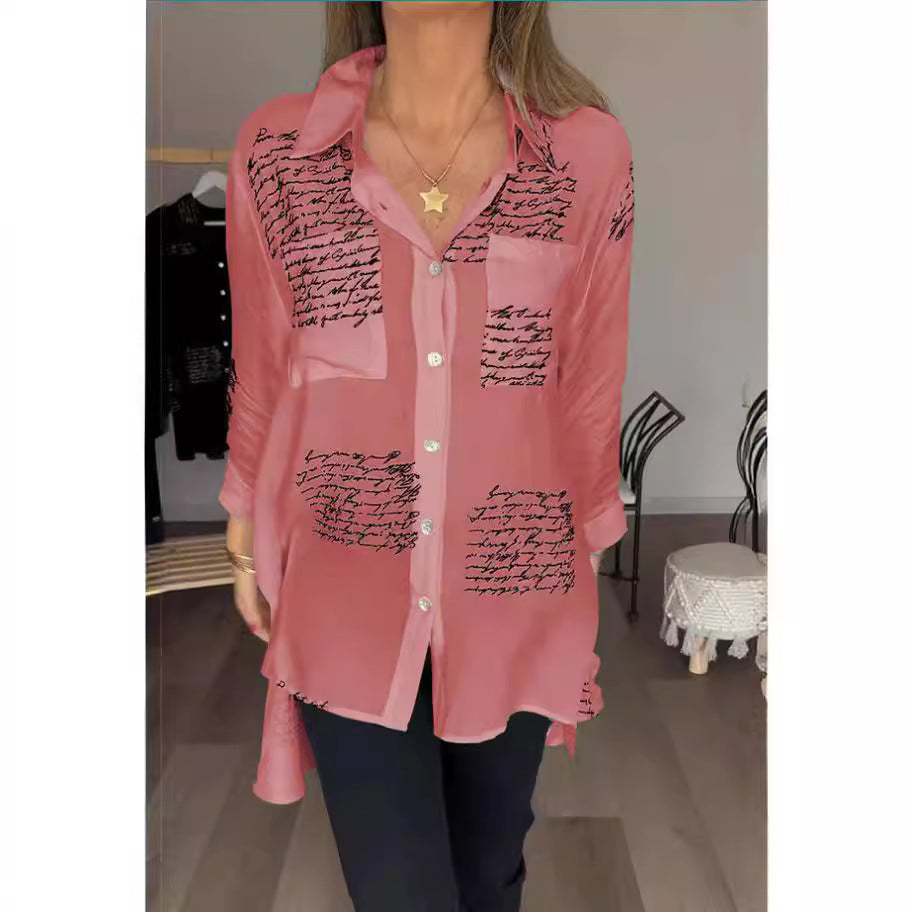 Women's Blouse with Modern Script Design and Loose Fit