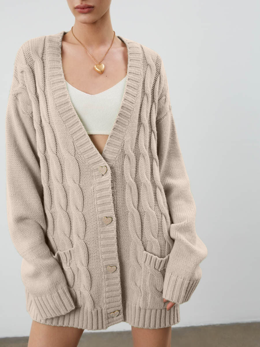 Women's Chunky Knit Cardigan with Heart-Shaped Buttons and Side Pockets