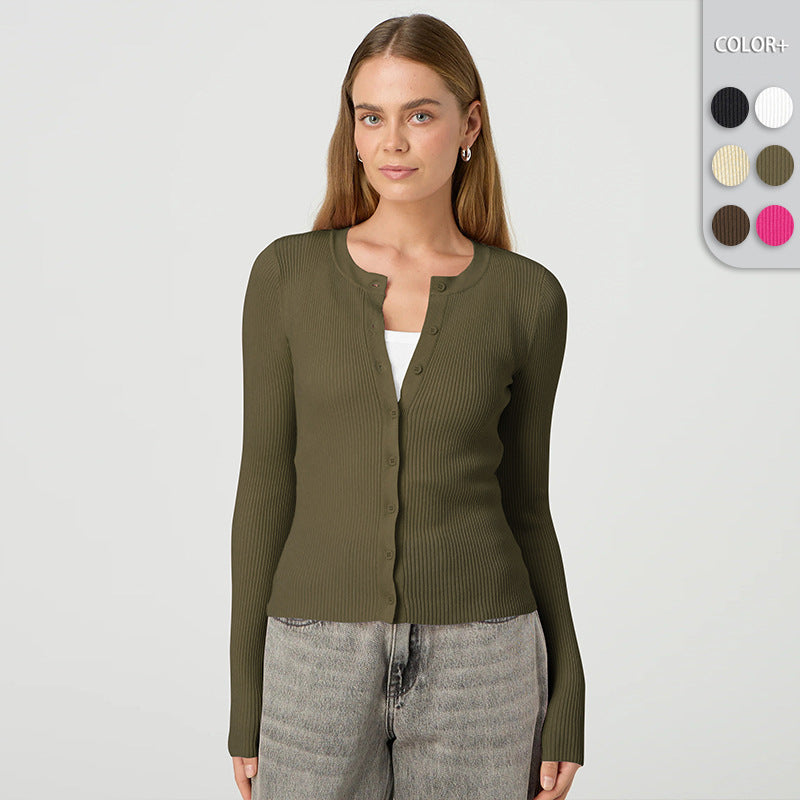 Women's Form-Fitting Knit Cardigan with Button Placket and Long Sleeves