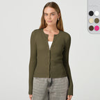 Women's Form-Fitting Knit Cardigan with Button Placket and Long Sleeves
