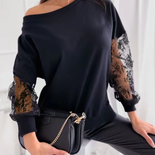 Elegant Sweater with Sheer Lace Sleeves and Asymmetric Neckline