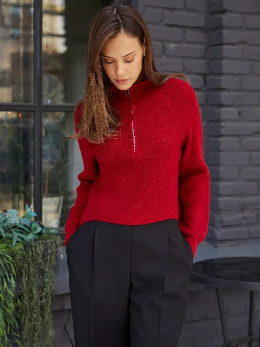 Women's Cozy Pullover with Collar and Zipper