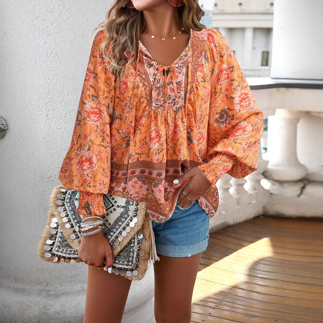 Women's Boho Blouse with Bow Detail and Floral Print