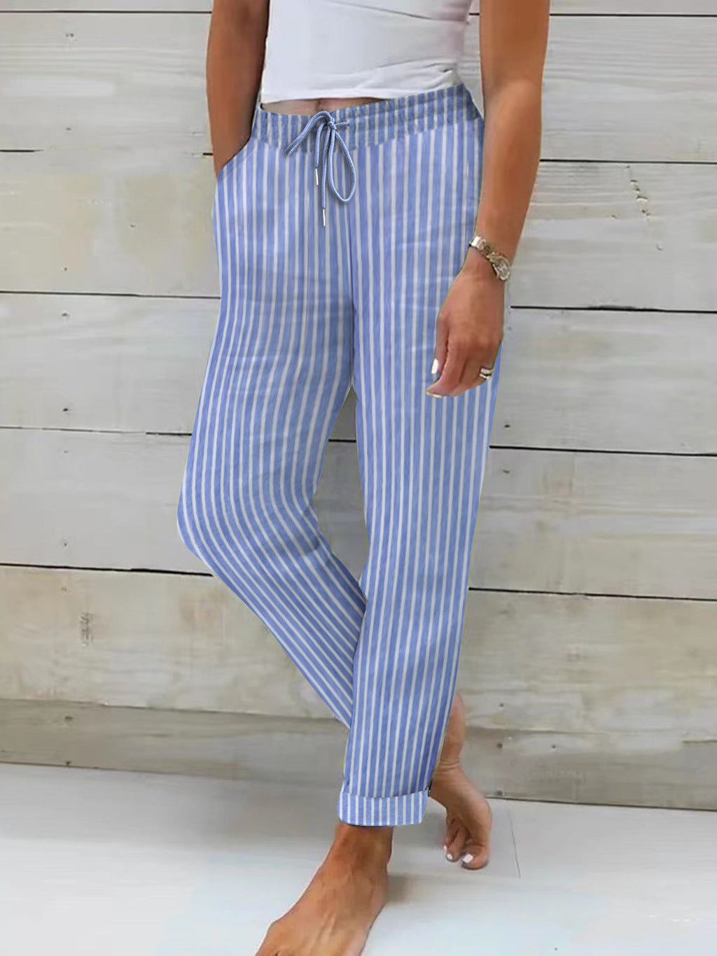 Women's Relaxed Cotton Striped Trousers with Adjustable Waist