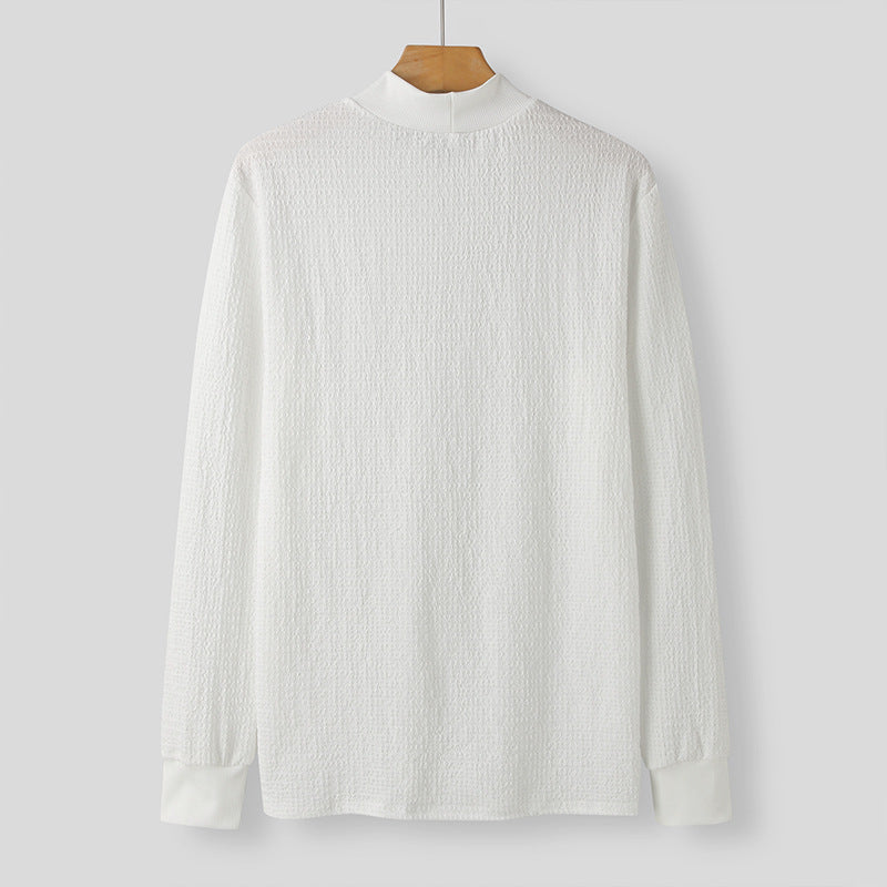 Women's Elegant Long-Sleeve Shirt with Textured Fabric and High Collar