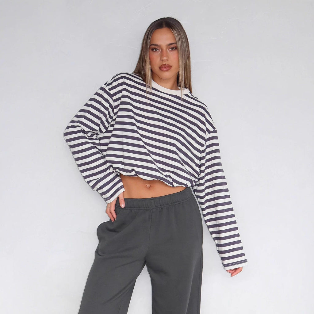 Women's Cropped Striped Sweatshirt with Drawstring