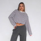 Women's Cropped Striped Sweatshirt with Drawstring