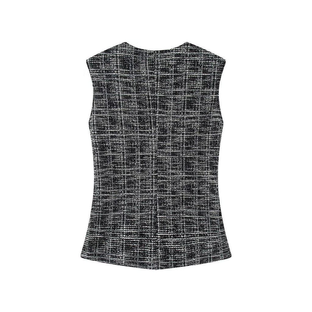 Women's Elegant Plaid Trousers with Slim Cut and Decorative Buttons