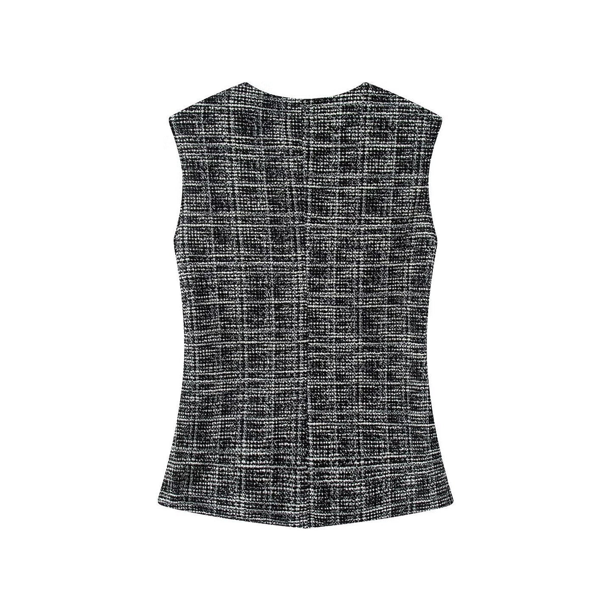 Women's Elegant Plaid Trousers with Slim Cut and Decorative Buttons