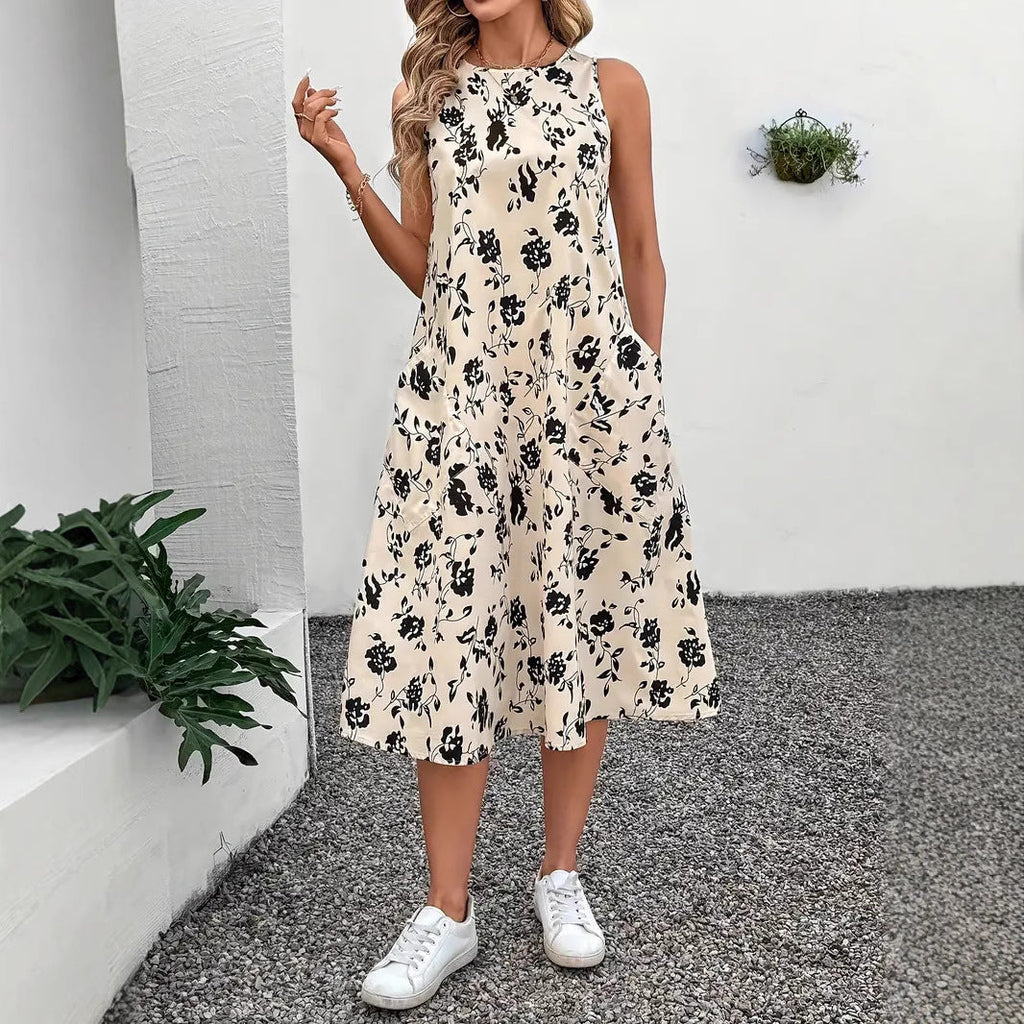 Women's Sleeveless Floral Maxi Dress with Pockets