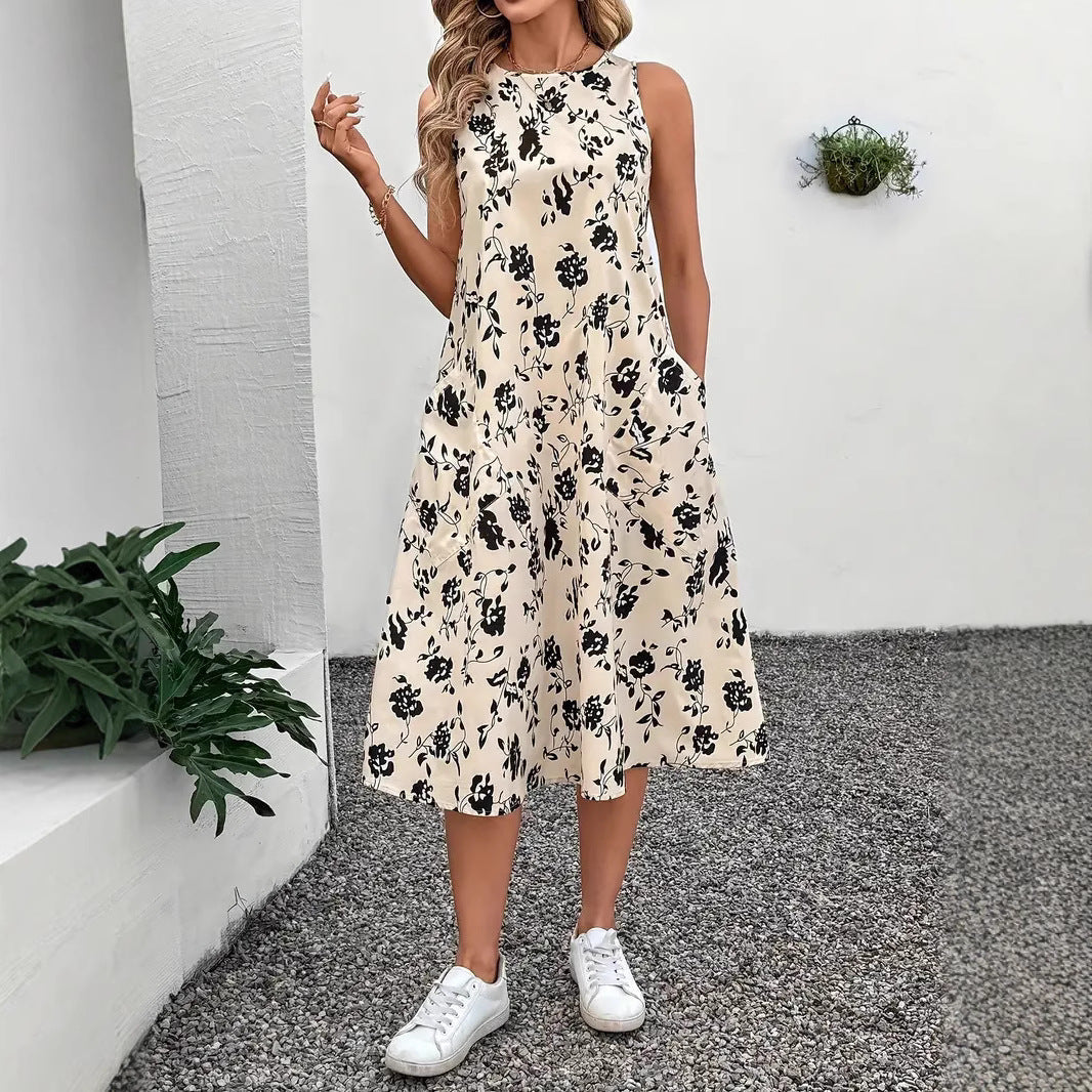 Women's Sleeveless Floral Maxi Dress with Pockets