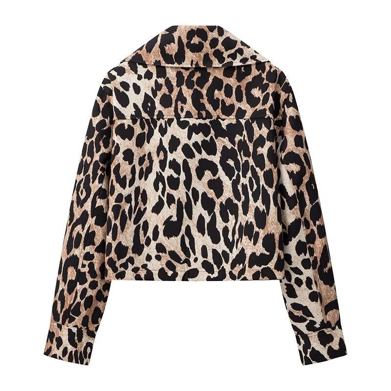 Women's Cropped Leopard Print Jacket with Snap Buttons