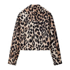 Women's Cropped Leopard Print Jacket with Snap Buttons