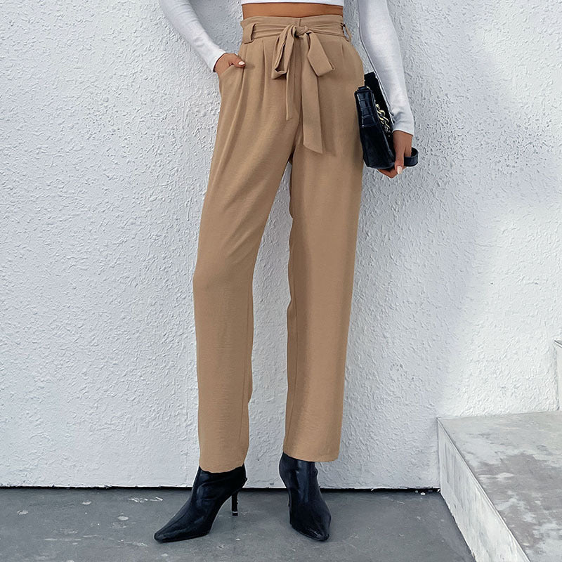 Women's Elegant High-Waist Trousers with Tie Belt