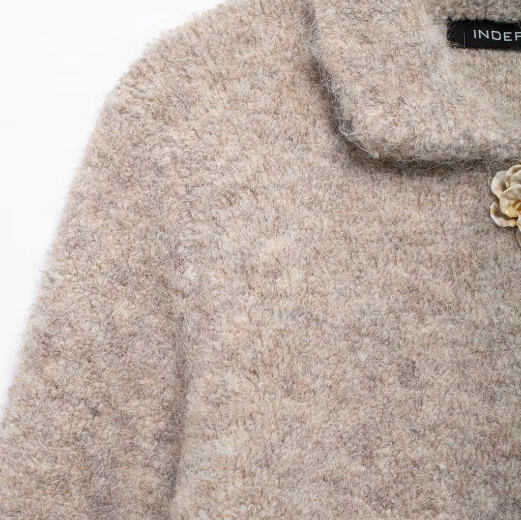 Women's Elegant Wool Jacket with Decorative Flower Buttons