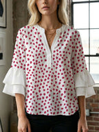 Women's Blouse with Voluminous Flutter Sleeves and Leaf Print