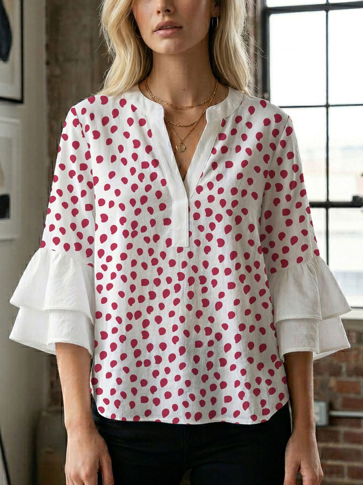 Women's Blouse with Voluminous Flutter Sleeves and Leaf Print